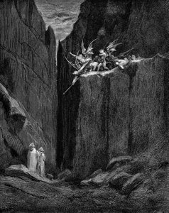 Vergilius suojelee Dantea demoneilta. tekijältä Gustave Dore