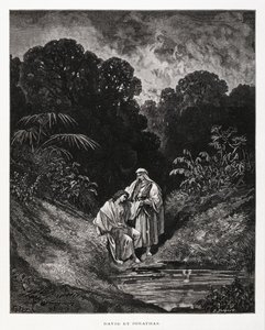 Daavid ja Joonatan, Israelin kuningaskunnan sankarihahmot, jotka solmivat ystävyyssopimuksen, joka on kirjattu Samuelin kirjoihin, kuvitus Doren Raamatusta. tekijältä Gustave Dore