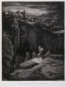 Daavid tarjoaa miekkansa uskollisuutensa osoituksena Saulille, Israelin kuninkaalle, kuvitus Dore Bible -teoksesta. tekijältä Gustave Dore