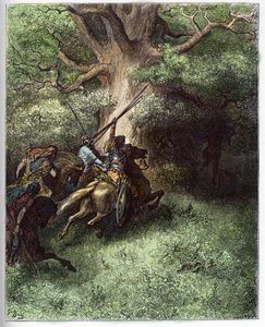 Absalomin kuolema (Avshalom) - Absalomin (tai Avshalom, Absalon) kuolema. Tappion jälkeen isänsä joukkoja vastaan Absalon pysyi taistelukentältä pakenevan puun oksien varassa – Gustave Doren (1832) "The Bible illustree" -kaiverrus. tekijältä Gustave Dore