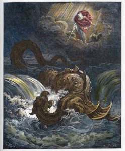Leviatanin tuhoaminen - Vanhan testamentin merihirviön, Leviathanin, tuhoaminen - kaiverrus Gustave Doren (1832-1883) "" The Bible illustree -kirjaan" - Kaiverrus "" Dore Biblesta""
