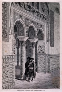 Yksityiskohta Alcazarin arkadista Sevillassa - kirjoittanut Doré, teoksessa "" Tour du Monde"", 2. sem. 1866. tekijältä Gustave Dore