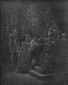 Don Quijote, Montesinos ja Durandarte, Montesinoksen luolassa - Miguel Cervantesin (1547-1616) Don Quijote de la Manchasta (Don Quijote) - Gustave Doren piirtämän puupiirros tekijältä Gustave Dore