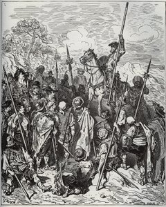 Don Quijote ja Sancho kyläläisten laivueen kanssa - Miguel Cervantesin (1547-1616) "Don Quijote de la Mancha" (Don Quijote) - Gustave Doren piirtämän puupiirros tekijältä Gustave Dore