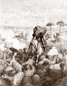 Don Quixot hyökkää lammaslaumaa vastaan ​​Gustave Doren (1832-1883) kaiverrus Miguel de Cervantesin (1547-1616) "The Ingenieux Hidalgo Don Quijote de la Mancha (Quixotte - Quijote)" 1863 Yksityinen kokoelma tekijältä Gustave Dore
