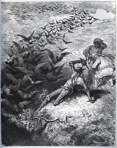 Don Quijote a la cave de Montesinos - Montesinoksen luolasta lentää ääretön määrä variksia ja varkia, jotka kaatavat Don Quijoten maahan (II, 22) - Miguel Cervantesin (1547-) "Don Quijote de la Manchasta" 1616) (Don Quijote) - Puupiirros piirtämisen jälkee tekijältä Gustave Dore