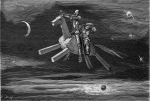 Don Quijote ja Sancho Panca (Panza) taivaalla, kuun ja tähtien välissä, puuhevosella Clavilegne. Gustave Doren kaiverrus, joka kuvittaa Hachetten vuonna 1869 julkaisemaa kirjaa "L