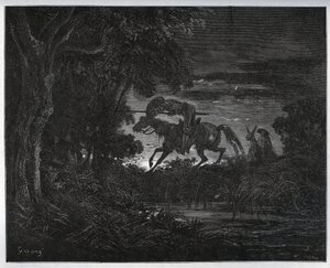 Don Quijote ja Sancho Panza seikkailun alussa paksussa ja tuntemattomassa metsässä - Miguel Cervantesin (1547-1616) "Don Quijote de la Manchasta" (Don Quijote) - Gustave Doren piirtämän puupiirros tekijältä Gustave Dore