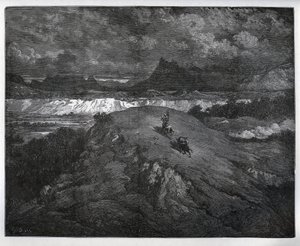 Don Quijote ja Sancho Panza jatkavat seikkailujaan vuoristoisella alueella, Sierra Morena - Miguel Cervantesin (1547-1616) "Don Quijote de la Mancha" (Don Quijote) - Gustave Doren piirtämän puupiirros tekijältä Gustave Dore