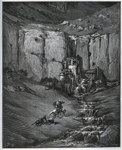 Don Quijote ja Sancho Panza saavat selville, mikä aiheutti heidän huolensa, vesiputous ja mylly ja foulon - Miguel Cervantesin (1547-1616) "Don Quijote de la Mancha" (Don Quijote) - Gustave Doren piirtämän puupiirros tekijältä Gustave Dore