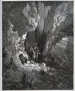 Don Quijote ja Sancho Panza löytävät matkustajan tavarat - Miguel Cervantesin (1547-1616) "Don Quijote de la Mancha" (Don Quijote) - Gustave Doren piirtämän puupiirros tekijältä Gustave Dore