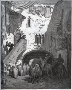 Don Diego de Mirandan kotiin kutsumat Don Quijote ja Sancho Panza toivottavat herrasmiehen vaimo ja poika tervetulleiksi - Miguel Cervantesin (1547-1616) "Don Quijote de la Manchasta" (Don Quijote) - Gustaven piirtämän puupiirros Dore tekijältä Gustave Dore