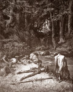 Don Quijote ja Sancho Panza virkistävät niitä purossa Gustave Doren (1832-1883) kaiverrus Miguel de Cervantesin (1547-1616) "L