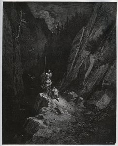 Don Quijote ja Sancho Panza uppoavat Sierra Morenaan - Miguel Cervantesin (1547-1616) "Don Quijote de la Manchasta" (Don Quijote) - Gustave Doren piirtämän puupiirros tekijältä Gustave Dore
