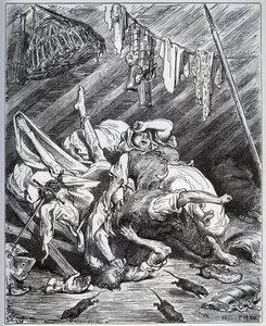 Don Quijote ja muulintekijä taistelevat Maritornesin, taloudenhoitajan puolesta, jonka Don Quijote ottaa Dulcineekseen - Miguel Cervantesin (1547-1616) "Don Quijote de la Manchasta" (Don Quijote) - Gustave Doren piirtämän puupiirros tekijältä Gustave Dore