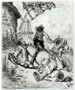 Don Quijote ja tuulimyllyt, Miguel Cervantesin (1547-1616) Don Quijote de la Manchasta, kaivertanut Heliodore Joseph Pisan (1822-90) tekijältä Gustave Dore