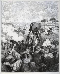 Don Quijote hyökkää lammaslauman kimppuun uskoen, että hän oli tekemisissä Taprobanan Alibanfaronin armeijan kanssa - Miguel Cervantesin (1547-1616) "Don Quijote de la Mancha" (Don Quijote) - Gustave Doren piirtämän puupiirros tekijältä Gustave Dore
