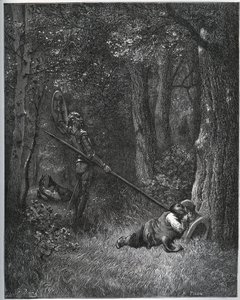 Don Quijote herättää Sancho Panzan - Miguel Cervantesin "Don Quijote de la Manchasta" tekijältä Gustave Dore