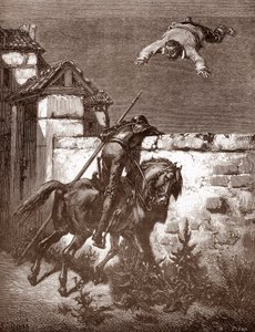 Don Quijote ei pysty pysäyttämään Sancho Pancan kantoraketteja, jotka saavat hänet pomppimaan huovalla (Don Quijoten huomautukset eivät vaikuta heittäjiin) Gustave Doren (1832-1883) kaiverrus kappaleeseen "L