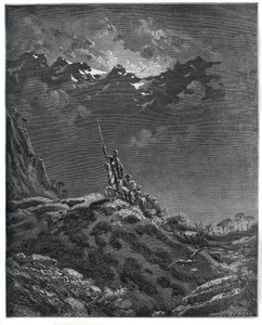 Don Quijote lähtee lähetystyöhön Dorotheelle, mukana parturi Sancho Panza, Dorothee, parturi ja Cardenio - Miguel Cervantesin (1547-1616) "Don Quijote de la Manchasta" (Don Quijote) - Gustave Doren piirtämän puupiirros tekijältä Gustave Dore