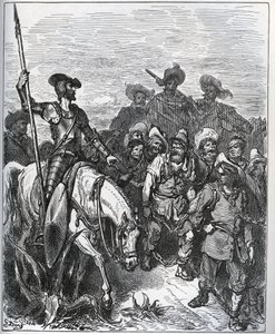 Don Quijote kyseenalaistaa voimien syyt heidän vakaumukseensa - Miguel Cervantesin (1547-1616) "Don Quijote de la Mancha" (Don Quijote) - Gustave Doren piirtämän puupiirros tekijältä Gustave Dore