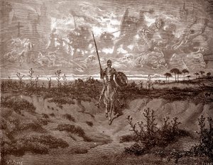 Don Quijote lähtee seikkailuihinsa Gustave Doren (1832-1883) kaiverrus Miguel de Cervantesin (1547-1616) "L