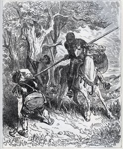 Don Quijote puoltaa nuorta palvelijaa - "Meidät saartavassa auringonpaisteessa en tiedä, kuka estää minua syöttämästä terääni ruumiin läpi" - Miguel Cervantesin (1547) "Don Quijote de la Manchasta" 1616) (Don Quijote) - Puupiirros Gustan piirtämänä tekijältä Gustave Dore