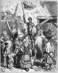 Don Quijote luuli hyötyvänsä herran vieraanvaraisuudesta, kieltäytyi maksamasta hotellinpitäjälle - Miguel Cervantesin (1547-1616) "Don Quijote de la Mancha" (Don Quijote) - Gustave Doren piirtämän puupiirros tekijältä Gustave Dore