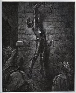 Majatalonpitäjän tyttären ja Maritornesin loukkuun jäänyt Don Quijote jää roikkumaan ikkunasta. - Miguel Cervantesin (1547-1616) "Don Quijote de la Manchasta" (Don Quijote) - Gustave Doren piirtämän puupiirros tekijältä Gustave Dore