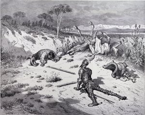 Don Quijoten moralisointi kiittämättömyydestä, Miguel Cervantesin (1547-1616) Don Quijote de la Manchasta, kaiverrettu Heliodore Joseph Pisan (1822-90) n. 1868 tekijältä Gustave Dore