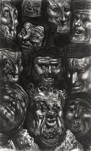 Yksitoista groteskista kasvoa Predhommen kaivertamasta Honore de Balzacin (1799-1850) Les Contes Drolatiquesista tekijältä Gustave Dore