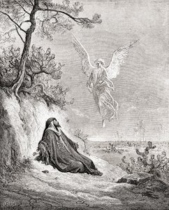 Elia ruokkii enkeliä. Gustave Doren Raamatun teoksen jälkeen. Gustave Doren elämästä ja muistoista, julkaistu 1885. tekijältä Gustave Dore