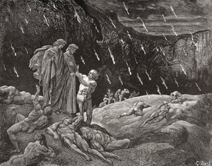 Gustave Doren kaiverrus 1832-1883 Ranskalainen taiteilija ja kuvittaja Dante Alighierin Infernon XV laulun 28. ja 29. riviä varten. tekijältä Gustave Dore
