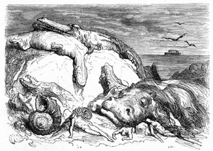 Gustave Doren kaiverrus noin 1850: apokalyptisen vedenpaisumuksen mieleen palauttaminen, jossa yhdistyvät raamatullinen perinne (kaukana näkyy Nooan arkki merellä) ja tieteellisen tiedon alku (vuorella epäonnistuvat erilaiset hirviöeläimet, jotka ovat epäo tekijältä Gustave Dore