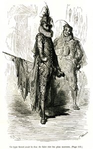 Gustave Doren kaiverrus, joka kuvittaa Theophile Gautierin romaania "Kapteeni Fracasse". Charpentier Edition 1863. Kaksi koomikkoa (commedia dell
