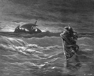 Kaiverrus Jeesuksen kävelystä veden päällä tekijältä Gustave Dore