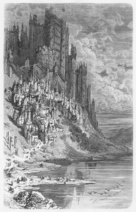 Fantasiamaisema, kaupunki ja linna, kuvitus Honore de Balzacin (1799-1850) Les Contes Drolatiquesista tekijältä Gustave Dore