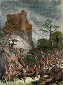 Feodaliitti keskiajalla: Herralle työskentelevät orjat - Gustave Doren kaiverrus 1800-luvulta "" Kansallishistoriaan havainnollistettu Ranskan muinaisista ajoista nykypäivään"" 1876 - Yksityinen kokoelma tekijältä Gustave Dore