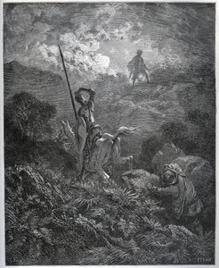 Deguenille-de-la-Malaise-Mine-kaivoksen ensimmäinen ilmestys - Miguel Cervantesin (1547-1616) "Don Quijote de la Mancha" (Don Quijote) - Gustave Doren piirtämän puupiirros tekijältä Gustave Dore