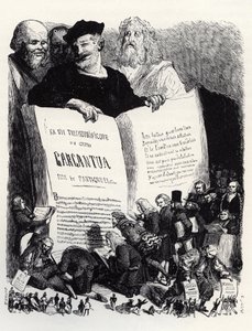 Vuoden 1854 painoksen etuosa - Muinaisten ja nykyaikaisten kirjailijoiden seurassa Rabelais esittelee toisen romaaninsa - kuvituksen "Gargantua ja Pantagruel", kirjoittanut Francois Rabelais - kaiverrus Gustave Doren (1832-1883) tekijältä Gustave Dore