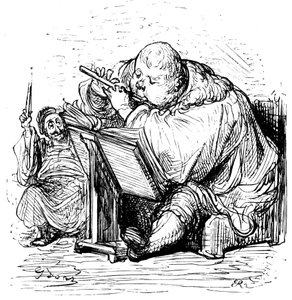 Gargantua-koulutus: nuori herrasmies oppii soittamaan huilua musiikinopettajansa kanssa. Gustave Doren kaiverrus, joka kuvittaa Rabelais
