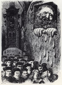 Gargantua suree vaimonsa kuolemaa - Gargantua suree vaimoaan - kuvitus teoksesta "Gargantua ja Pantagruel", kirjoittanut Francois Rabelais - kaiverrus Gustave Doren (1832-1883) tekijältä Gustave Dore