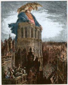 Gargantua Pariisin Notre-Damen torneissa - Gargantua lepää Pariisin Notre-Damen kirkon torneissa - kuvitus teoksesta "Gargantua ja Pantagruel", kirjoittanut Francois Rabelais - kaiverrus Gustave Dore (1832-1883) tekijältä Gustave Dore