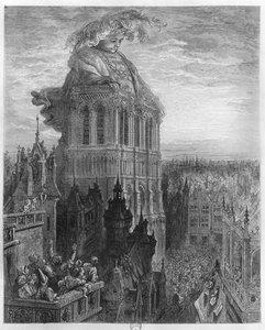 Gargantua Pariisin Notre-Damen torneissa, kuvitus Francois Rabelais