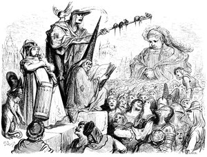 Gargantuan koulutus: "hän aikoi kuunnella julkisia oppitunteja, juhlallisia tekoja, toistoja, julistuksia, hyvien lakimiesten vetoomuksia, evankelista-saarnaajien puheita...". Gustave Doren kaiverrus, joka kuvittaa Rabelais
