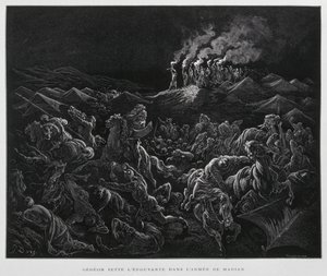 Gideon hyökkää midianilaisten kimppuun yöllä, kuvitus Dore Bible -teoksesta. tekijältä Gustave Dore