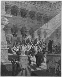 Gustave Dore Raamattu: Daniel tulkitsee seinällä olevaa kirjoitusta tekijältä Gustave Dore