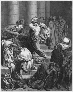 Gustave Dore Raamattu: Ostajat ja myyjät ajettiin ulos temppelistä tekijältä Gustave Dore