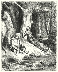 Gustave Doren Don Quijote: "Kirkas suihkulähde, jonka Don Quijote ja Sancho löysivät vehreiden puiden joukosta, virkistytti heitä" (kaiverrus) tekijältä Gustave Dore