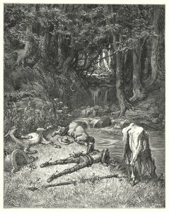 Gustave Doren Don Quijote: "Niitty, joen kastellaan, kutsui heidät laskeutumaan" (kaiverrus) tekijältä Gustave Dore